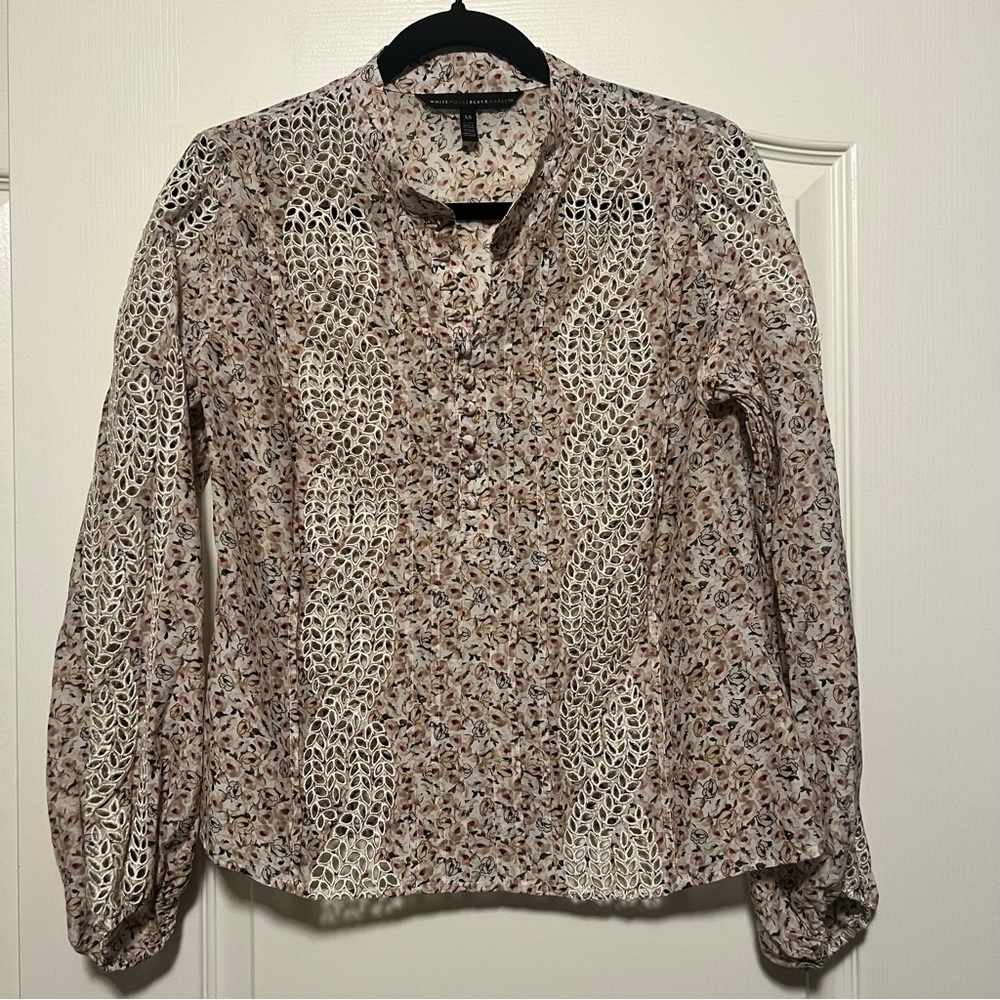 White House Black Market Blouse | Silk Floral Balloon Sleeve Eyelet Top | XS